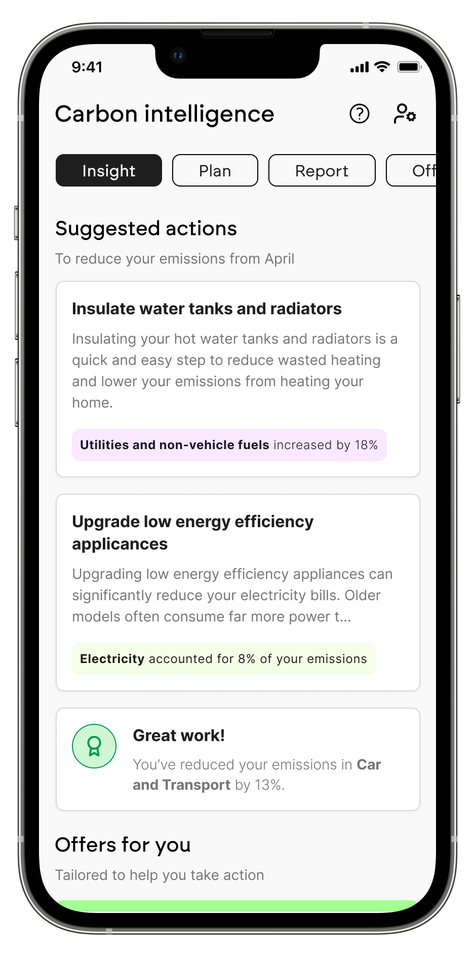Carbon Insight mobile interface showing suggested actions and energy efficiency recommendations